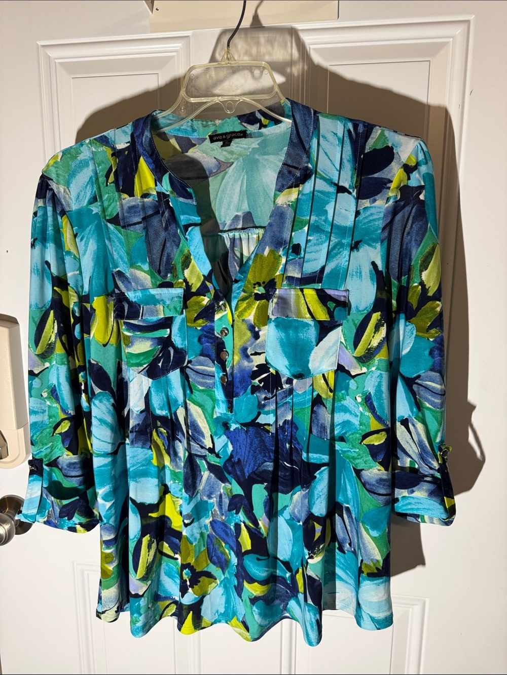 Ava & Grace Teal, Navy & Lime Floral Button-Front Blouse